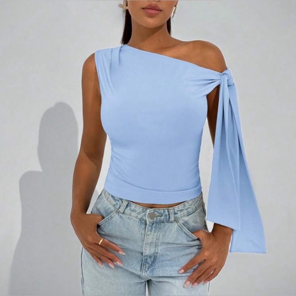 Elegant Light Blue One-Shoulder Top